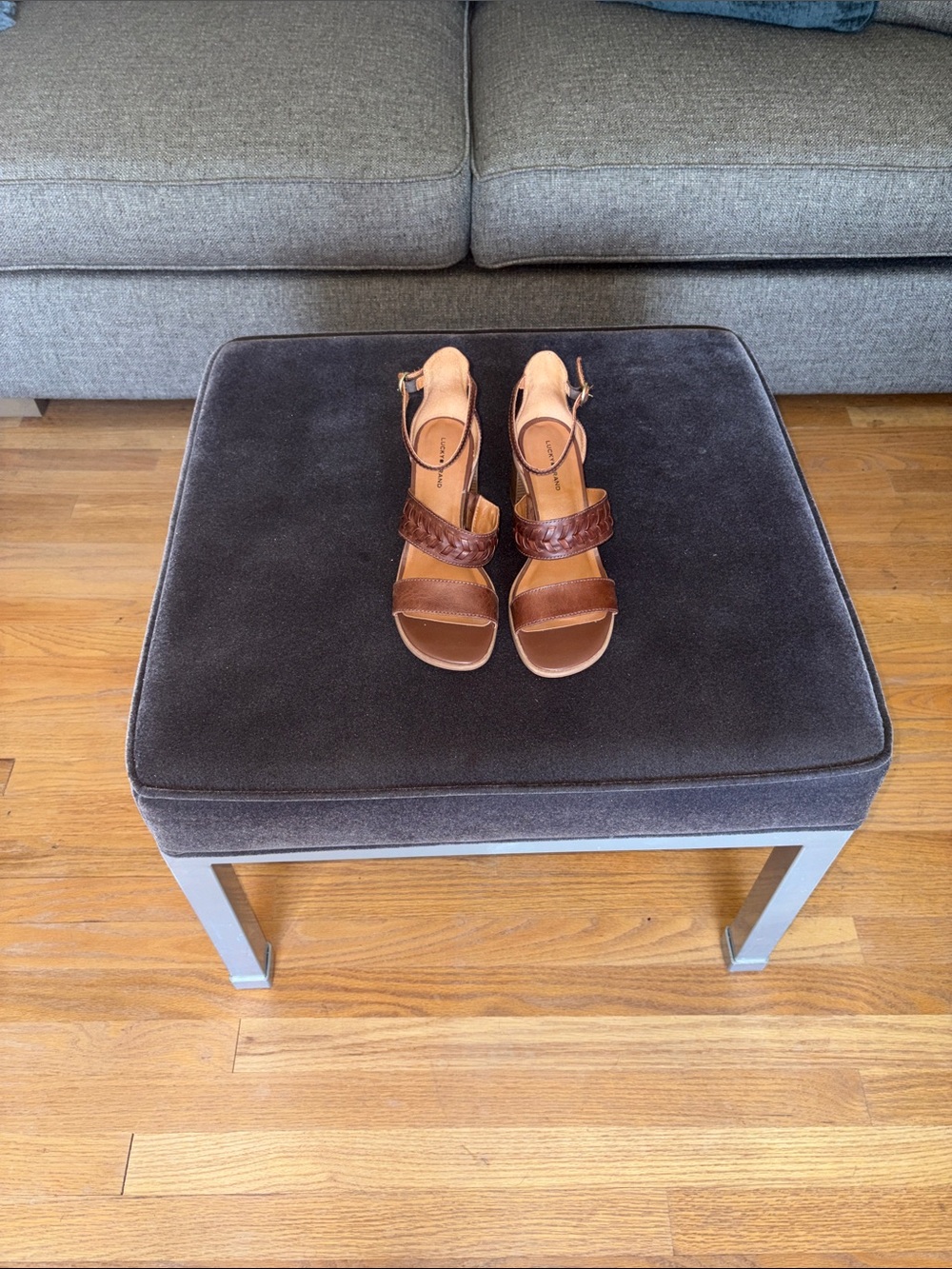 Lucky Brand Cognac Braided Leather Block Heel Sandals